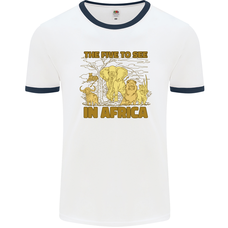 The Five to See in Africa Safari Animals Mens White Ringer T-Shirt White/Navy Blue