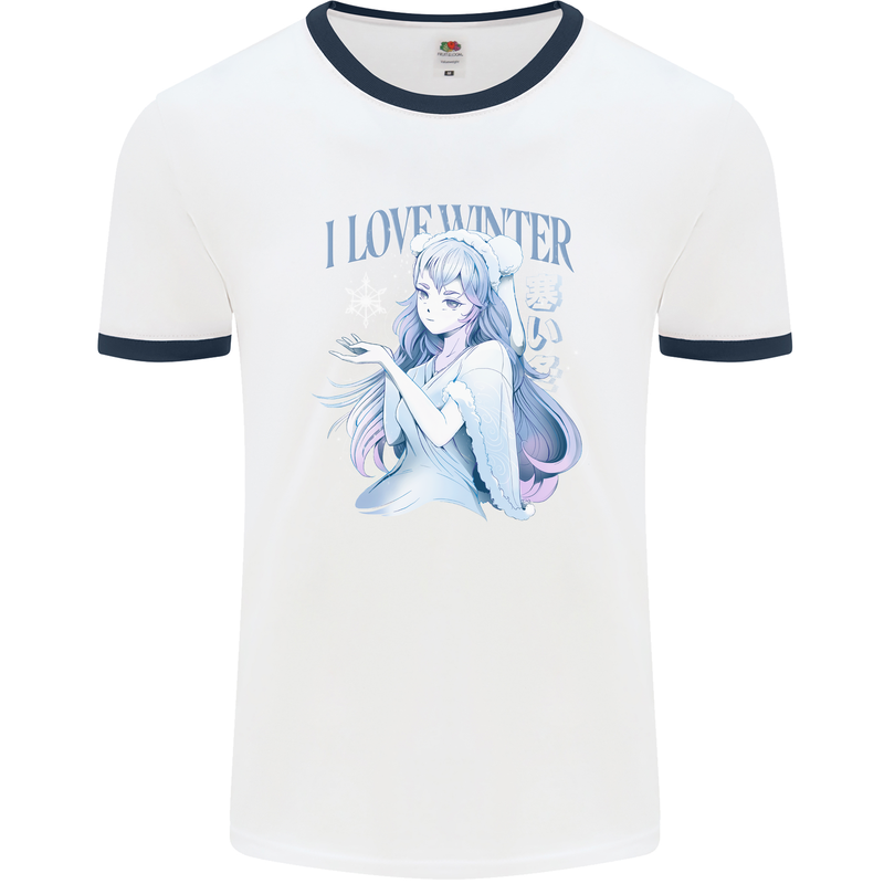 I Love Winter Anime Japanese Text Mens White Ringer T-Shirt White/Navy Blue