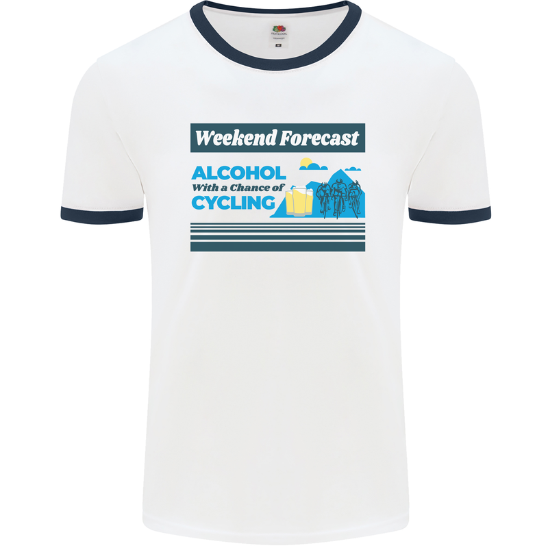 Cycling Weekend Forecast Funny Beer Alcohol Mens White Ringer T-Shirt White/Navy Blue