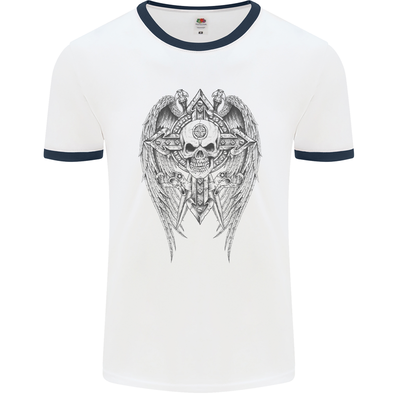 Skull Wings Viking Gothic  Wings Gym Biker Mens White Ringer T-Shirt White/Navy Blue