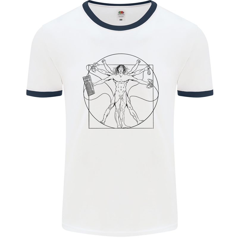 Gaming Vitruvian Gamer Funny Video Games Mens White Ringer T-Shirt White/Navy Blue