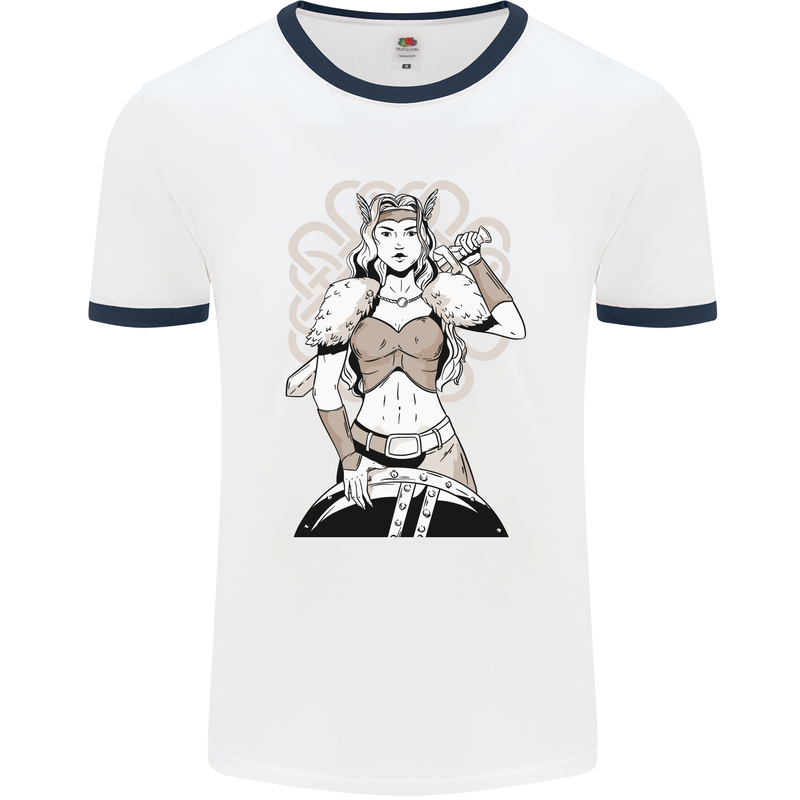 A Female Viking Shield Maiden Warrior Mens Ringer T-Shirt White/Navy Blue