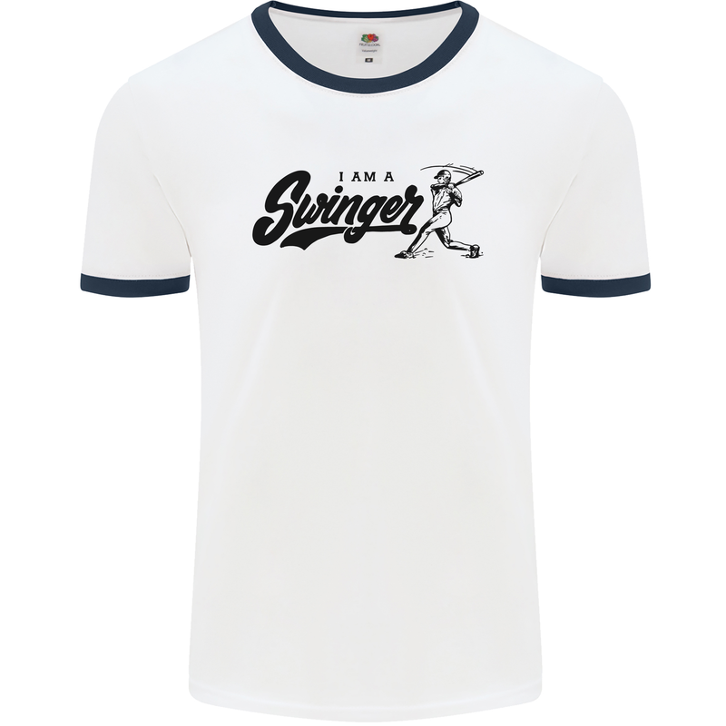 Swinger Funny Baseball Softball Mens White Ringer T-Shirt White/Navy Blue