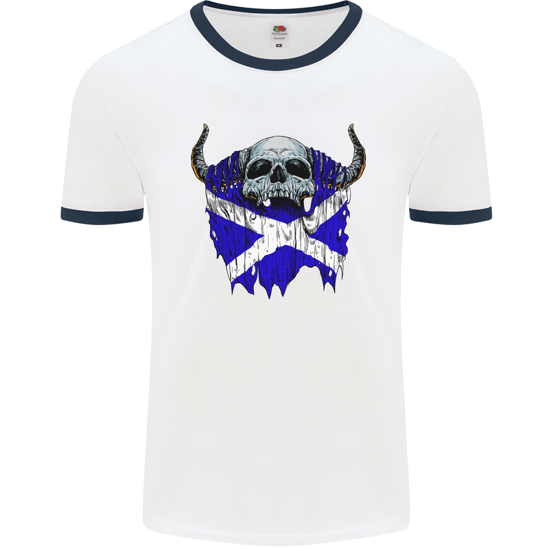 Scotland Flag Skull Scottish Biker Gothic Mens White Ringer T-Shirt White/Navy Blue