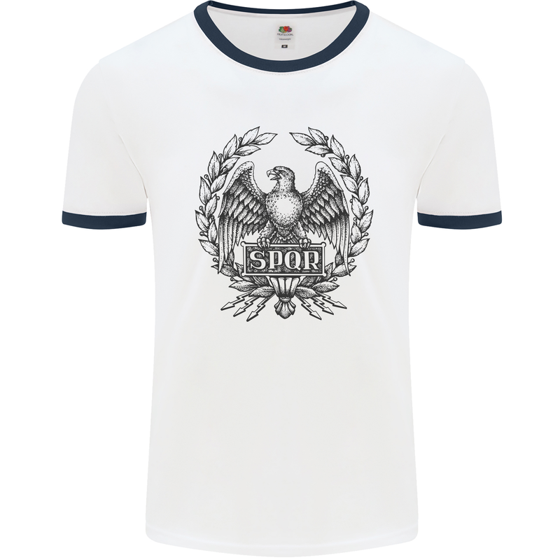 SPQR Roman Emblem Gym Training Top Mens White Ringer T-Shirt White/Navy Blue