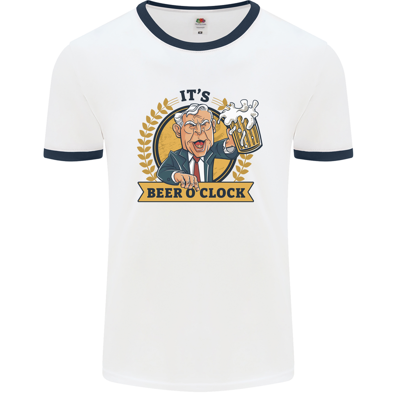 It's Beer O'Clock Funny Alcohol Mens White Ringer T-Shirt White/Navy Blue