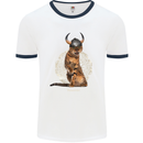 Funny Viking Cat The Vanquisher Mens White Ringer T-Shirt White/Navy Blue