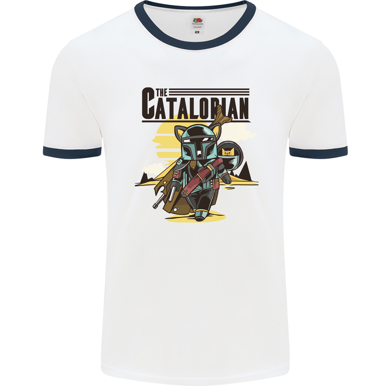 Catalorian Funny Cat Parody Mens White Ringer T-Shirt White/Navy Blue