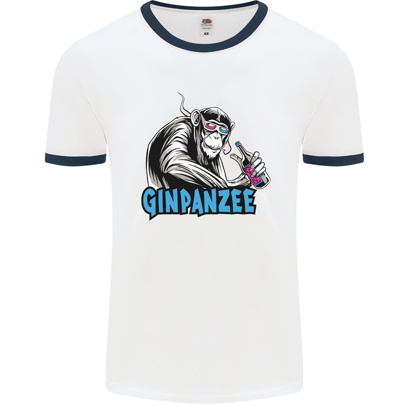 Ginpanzee Funny Gin Drinker Monkey Alcohol Mens White Ringer T-Shirt White/Navy Blue