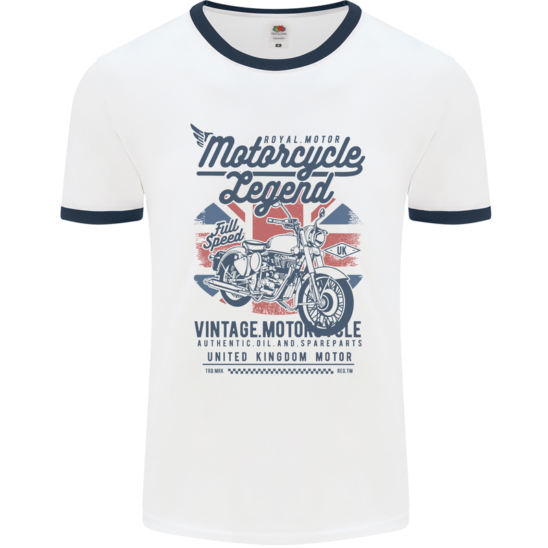 Motorcycle Legend Biker Motorcycle Chopper Mens White Ringer T-Shirt White/Navy Blue