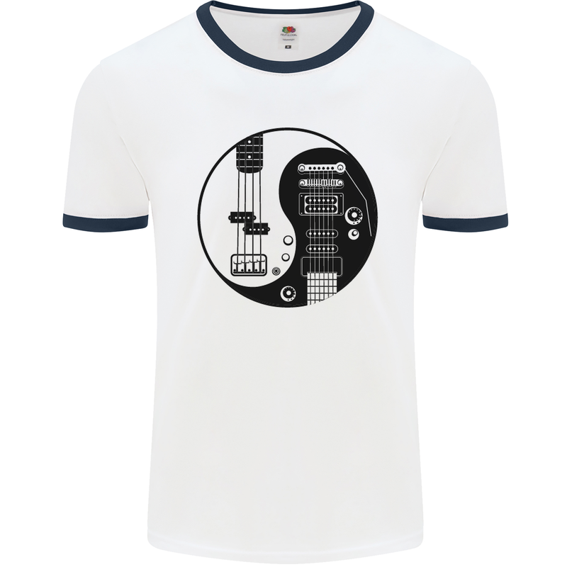 Ying Yang Guitar Guitarist Electric Bass Mens White Ringer T-Shirt White/Navy Blue