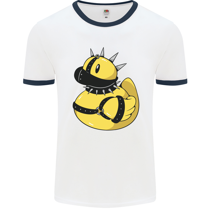 BDSM Rubber Duck Funny Bondage Mens Ringer T-Shirt White/Navy Blue