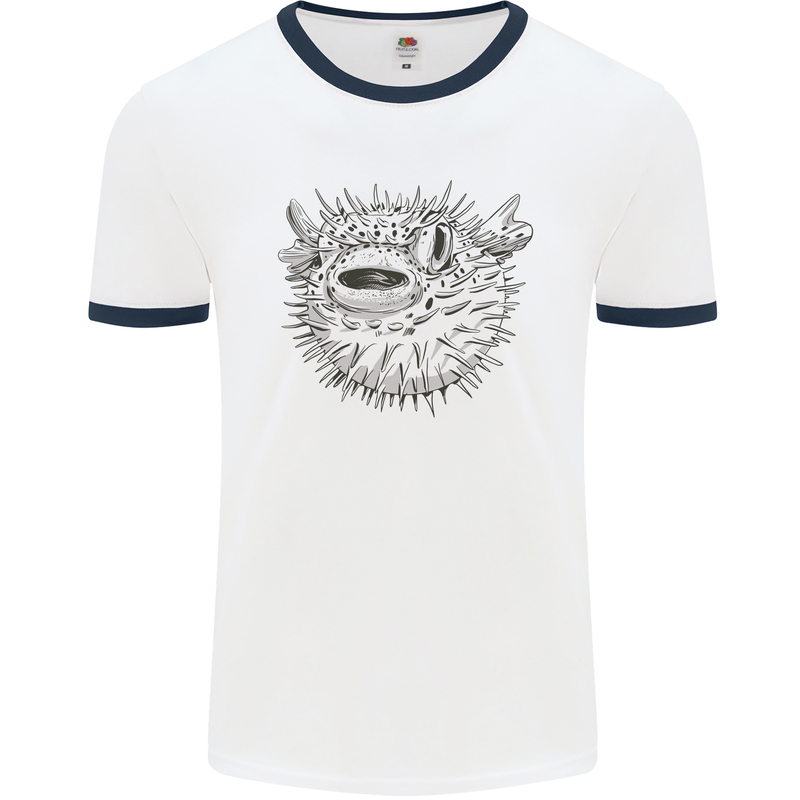 A Pufferfish Puffer Illustration Mens White Ringer T-Shirt White/Navy Blue