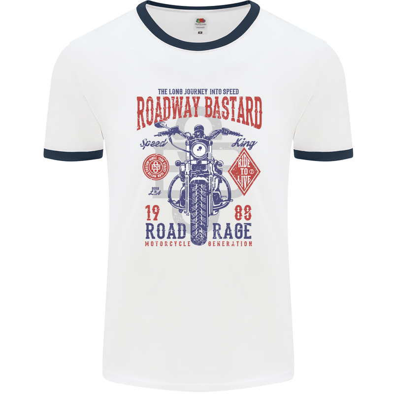 Roadway Bastard Motorcycle Biker Motorbike Mens White Ringer T-Shirt White/Navy Blue