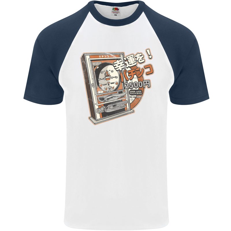 Pachinko Machine Arcade Game Pinball Mens S/S Baseball T-Shirt White/Navy Blue