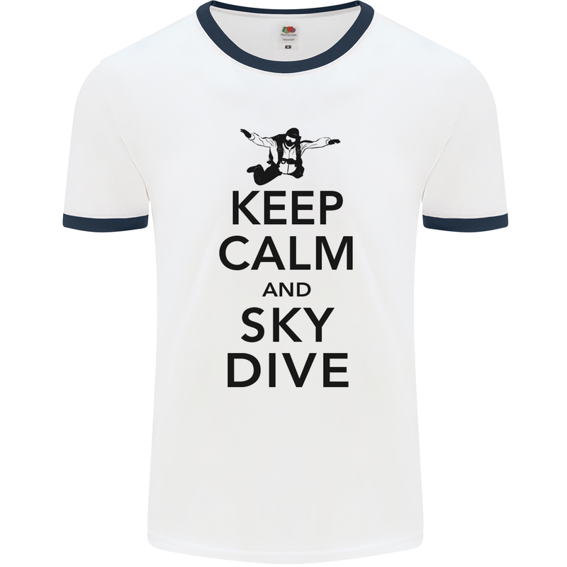 Keep Calm and Skydive Funny Skydiving Mens White Ringer T-Shirt White/Navy Blue