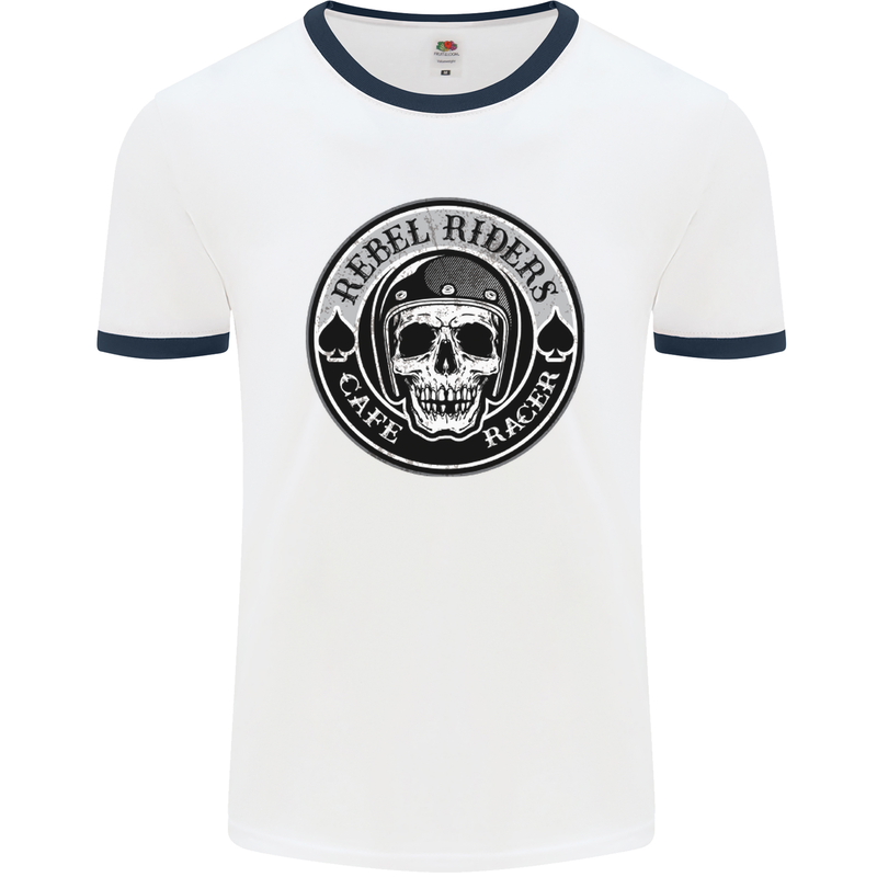 Rebel Cafe Racer Biker Motorbike Motorcycle Mens White Ringer T-Shirt White/Navy Blue