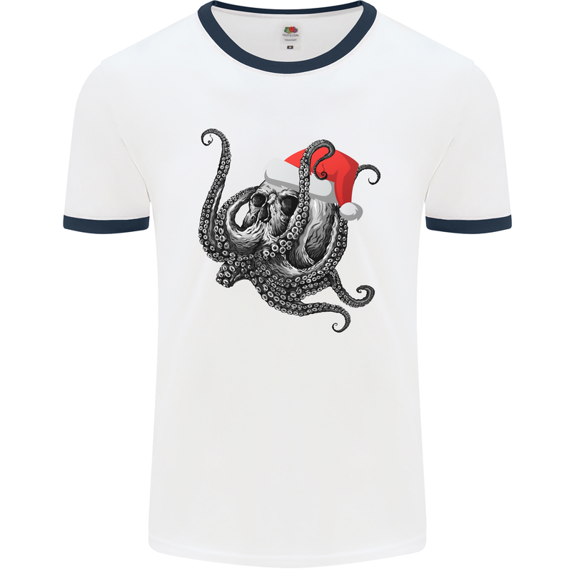 Christmas Cthulhu Skull Mens White Ringer T-Shirt White/Navy Blue