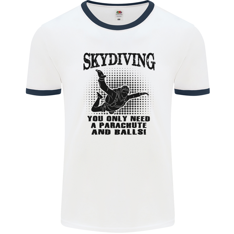 Skydiving Parachute & Balls Skydiver Funny Mens White Ringer T-Shirt White/Navy Blue