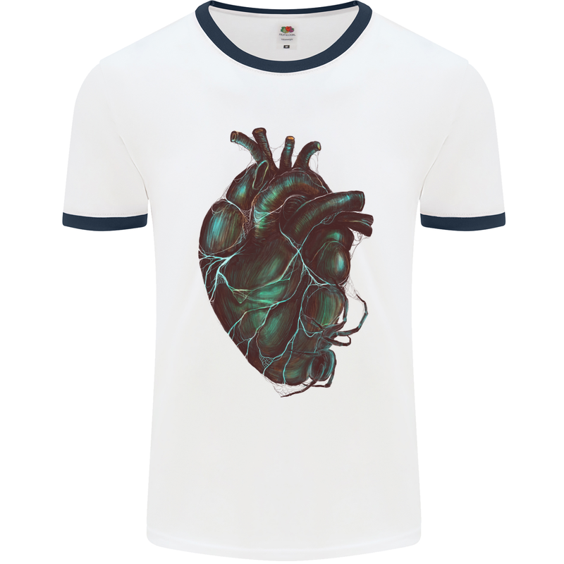 Rotten Heart Gothic Demon Satan Skull Evil Mens White Ringer T-Shirt White/Navy Blue