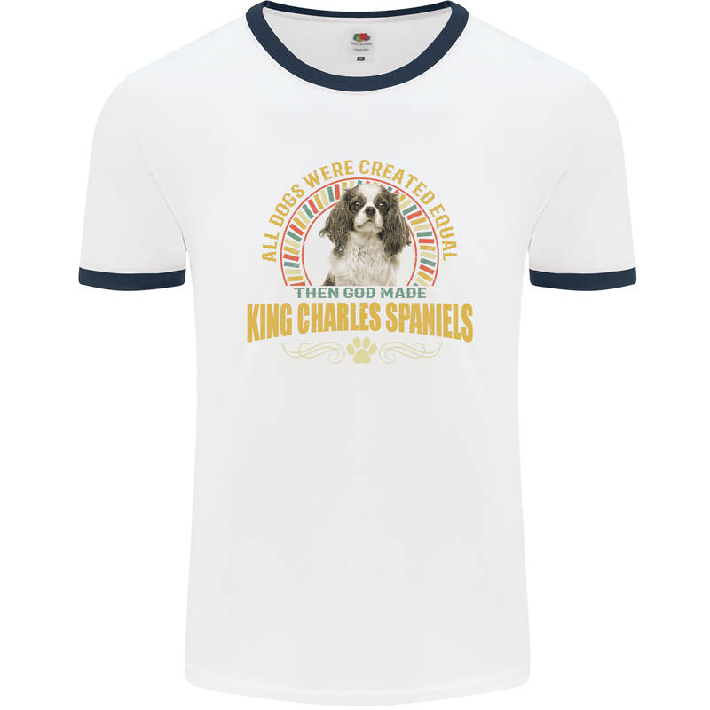 A Cavalier King Charles Spaniel Dog Mens Ringer T-Shirt White/Navy Blue