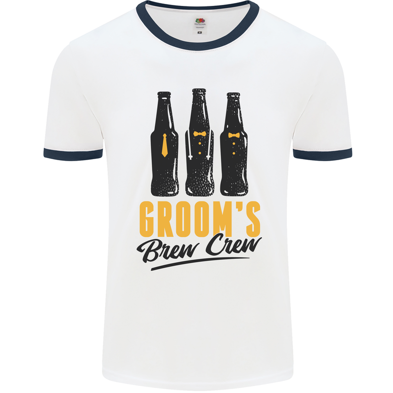 Grooms Brew Crew Beer Stag Doo Do Mens White Ringer T-Shirt White/Navy Blue