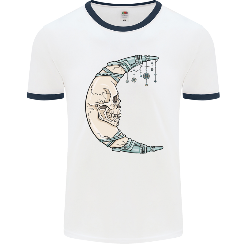 Steampunk Moon Skull Mens White Ringer T-Shirt White/Navy Blue