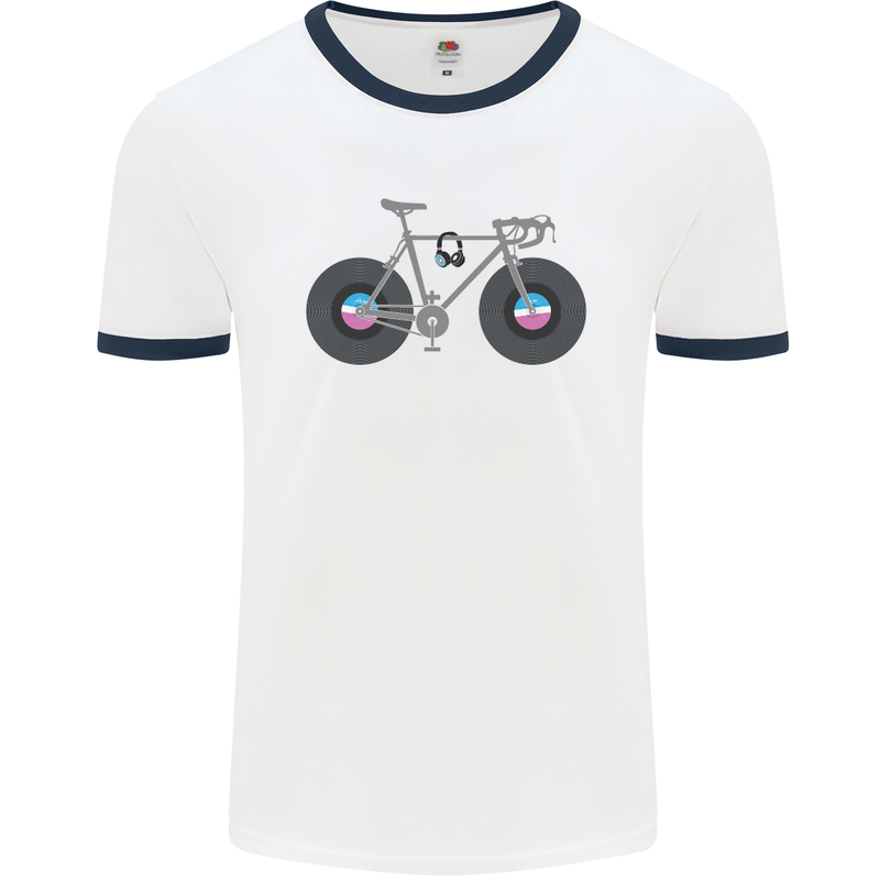 Cycling Music Cyclist Funny Bicycle Bike Mens White Ringer T-Shirt White/Navy Blue