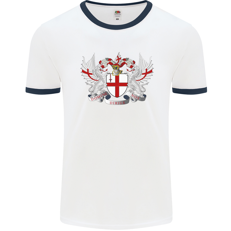 London Coat of Arms England St Georges Day Mens White Ringer T-Shirt White/Navy Blue