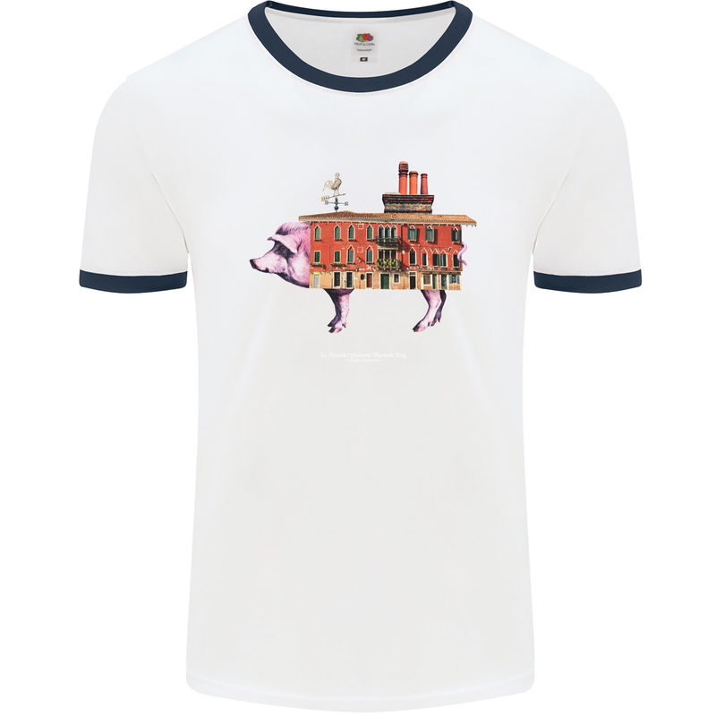 Country House Street Pig Mens White Ringer T-Shirt White/Navy Blue