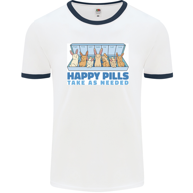 Bunny Rabbit Happy Pills Antidepressant Mens Ringer T-Shirt White/Navy Blue