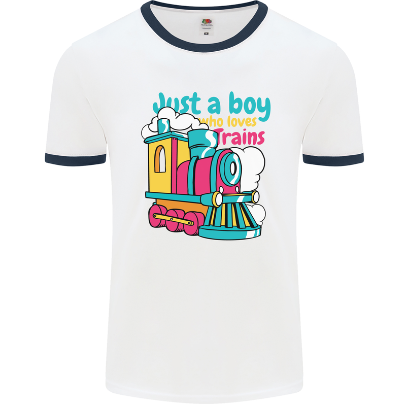 Just a Boy Who Loves Trains Spotter Engine Mens White Ringer T-Shirt White/Navy Blue