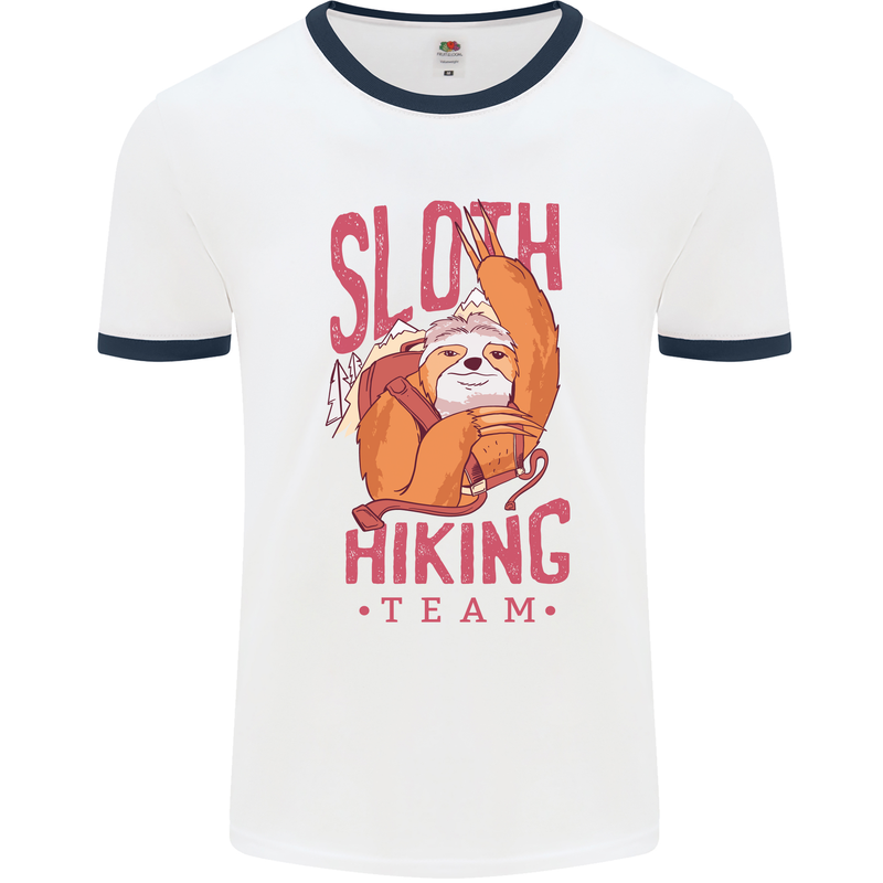 Sloth Hiking Team Trekking Rambling Funny Mens White Ringer T-Shirt White/Navy Blue