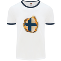 The Finnish Flag Fire Effect Finland Mens White Ringer T-Shirt White/Navy Blue