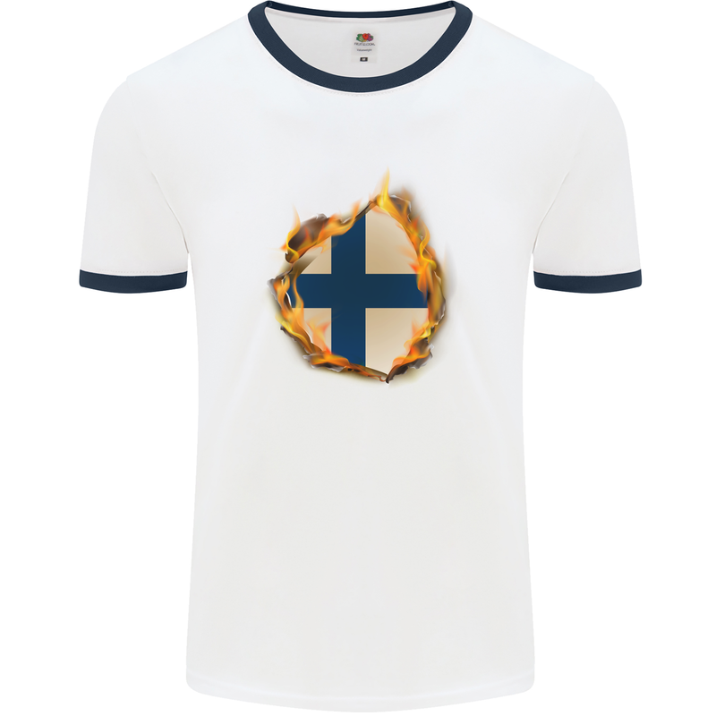 The Finnish Flag Fire Effect Finland Mens White Ringer T-Shirt White/Navy Blue