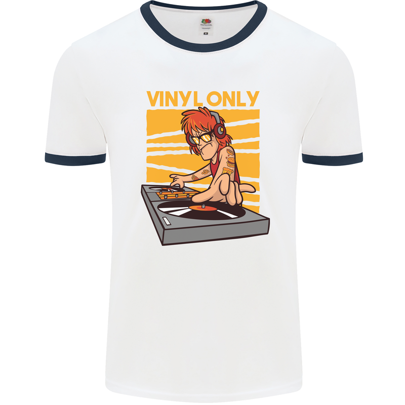 DJ Decks Vinyl Only Funny DJing Turntable Mens White Ringer T-Shirt White/Navy Blue