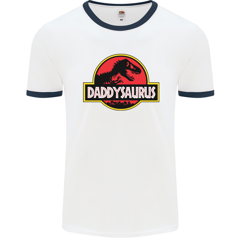 Daddysaurus Funny Father's Day Daddy Mens White Ringer T-Shirt White/Navy Blue