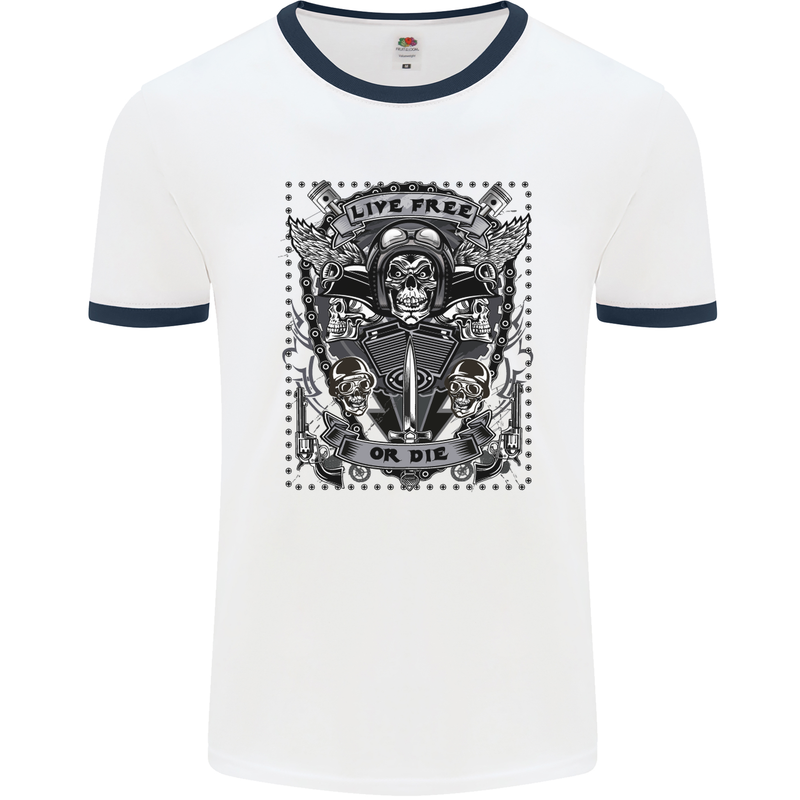 Live Free or Die Mens White Ringer T-Shirt White/Navy Blue