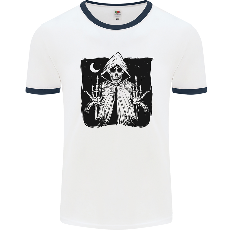 Grim Reaper Finger Flip Skull Biker Funny Mens White Ringer T-Shirt White/Navy Blue