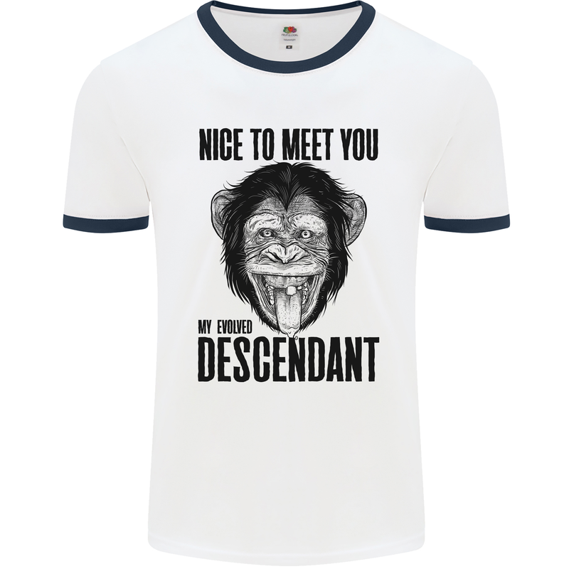 Chimp Evolved Dessendant Funny Monkey Ape Mens White Ringer T-Shirt White/Navy Blue