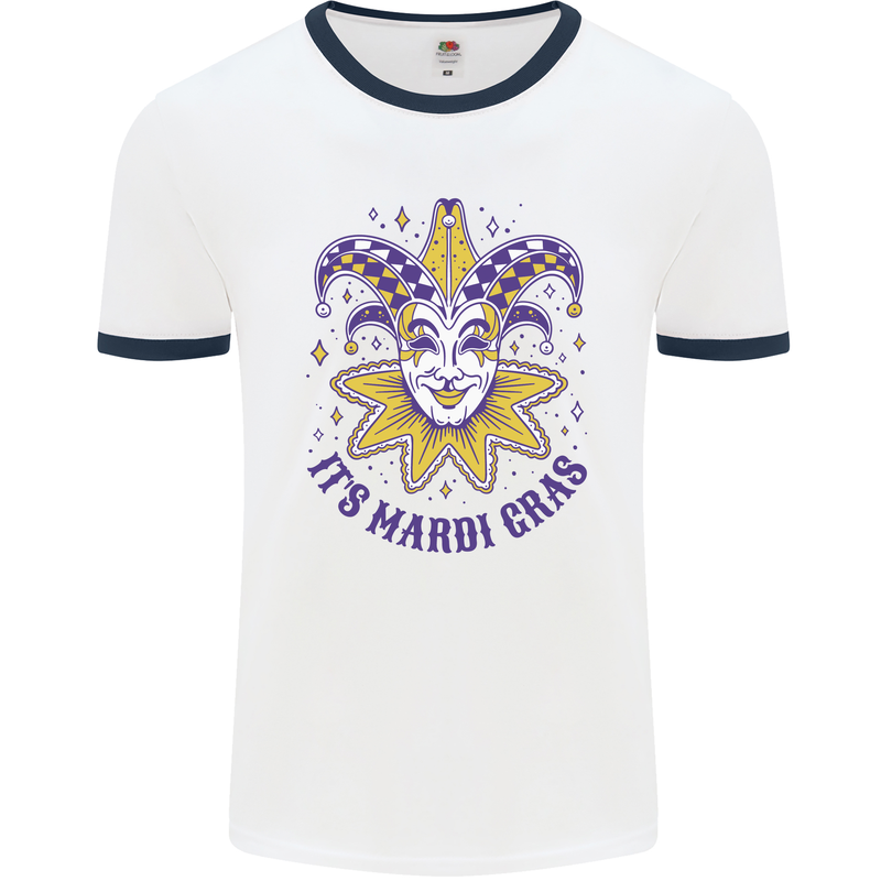 Its Mardi Gras Mens White Ringer T-Shirt White/Navy Blue