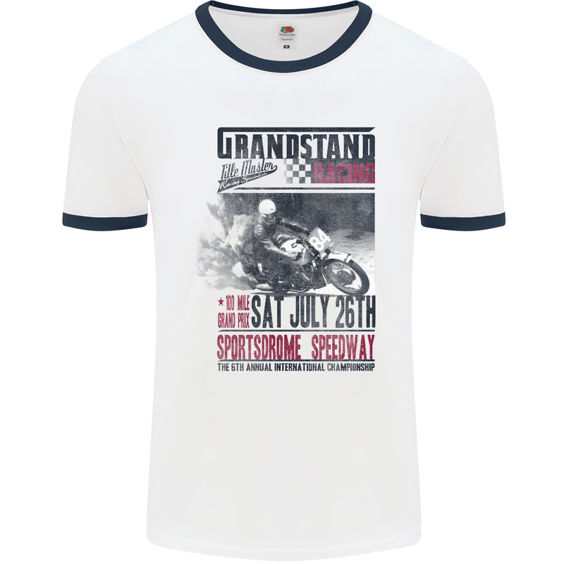 Grandstand Racing MotoGP Motorbike Biker Mens White Ringer T-Shirt White/Navy Blue