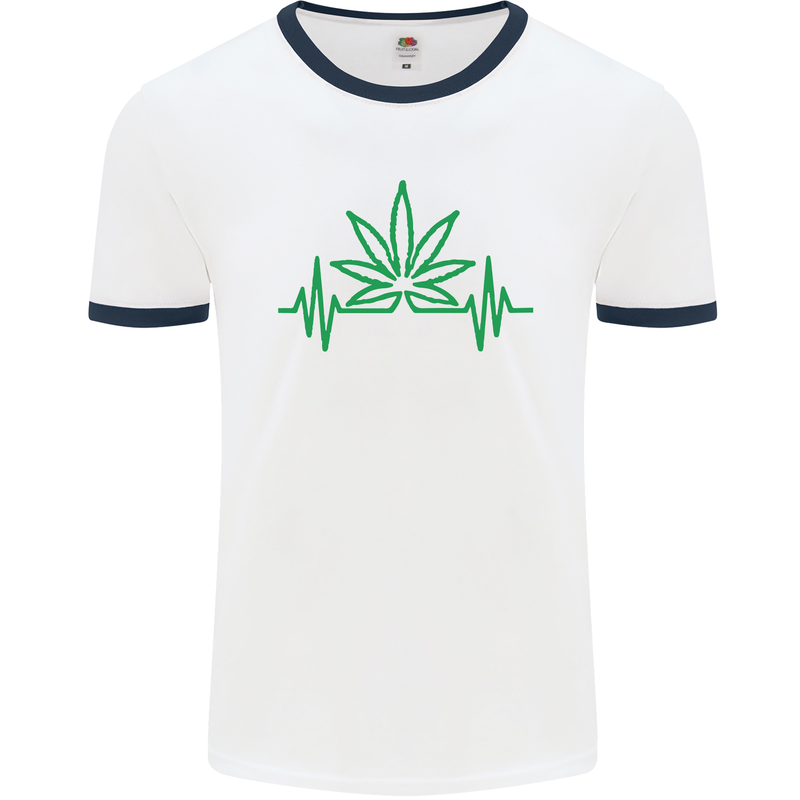 Weed Pulse Heart Cannabis Drugs ECG Mens White Ringer T-Shirt White/Navy Blue