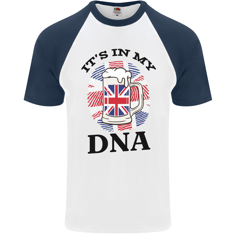 British Beer It's in My DNA Union Jack Flag Mens S/S Baseball T-Shirt White/Navy Blue