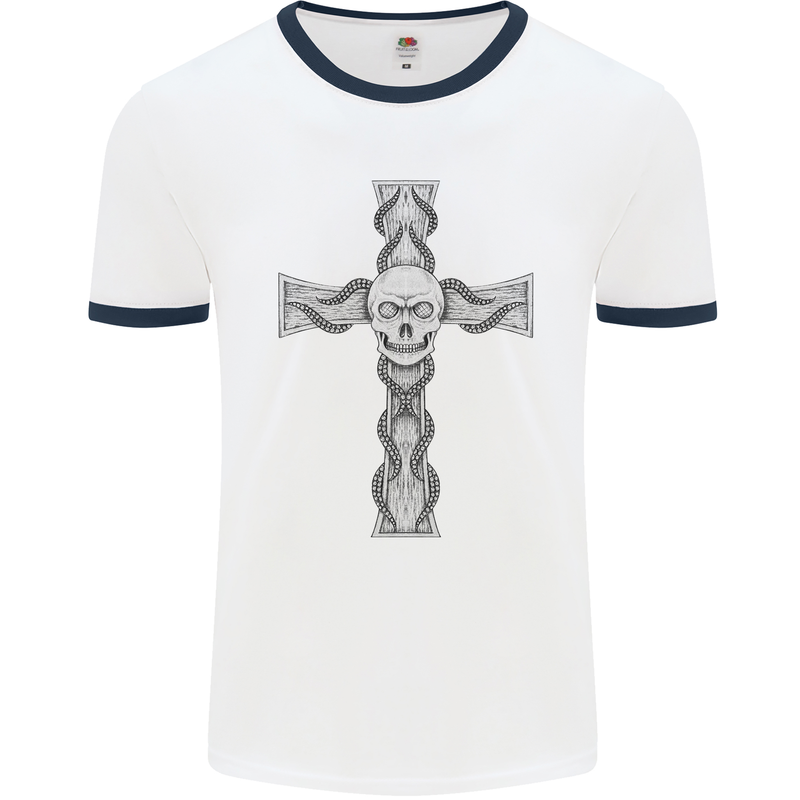 A Gothic Skull and Tentacles on a Cross Mens White Ringer T-Shirt White/Navy Blue