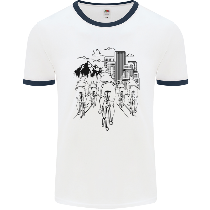 Bike Ride Cycling Cyclist Bicycle Road MTB Mens White Ringer T-Shirt White/Navy Blue