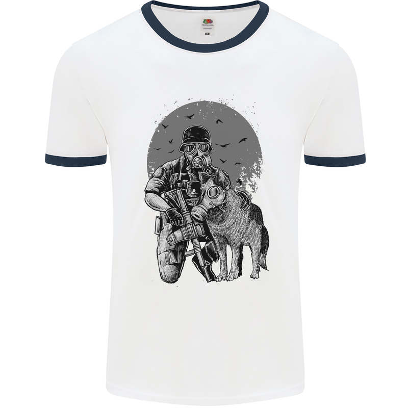 Gas Mask & Dog Apocalypse Armed Militia Mens White Ringer T-Shirt White/Navy Blue