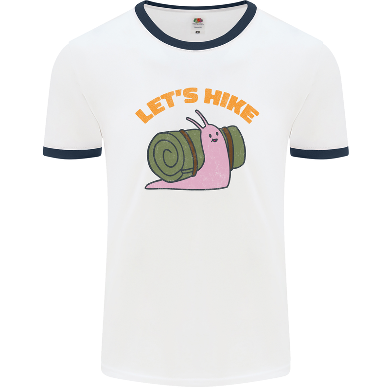 Let's Hike Funny Slug Trekking Walking Mens White Ringer T-Shirt White/Navy Blue