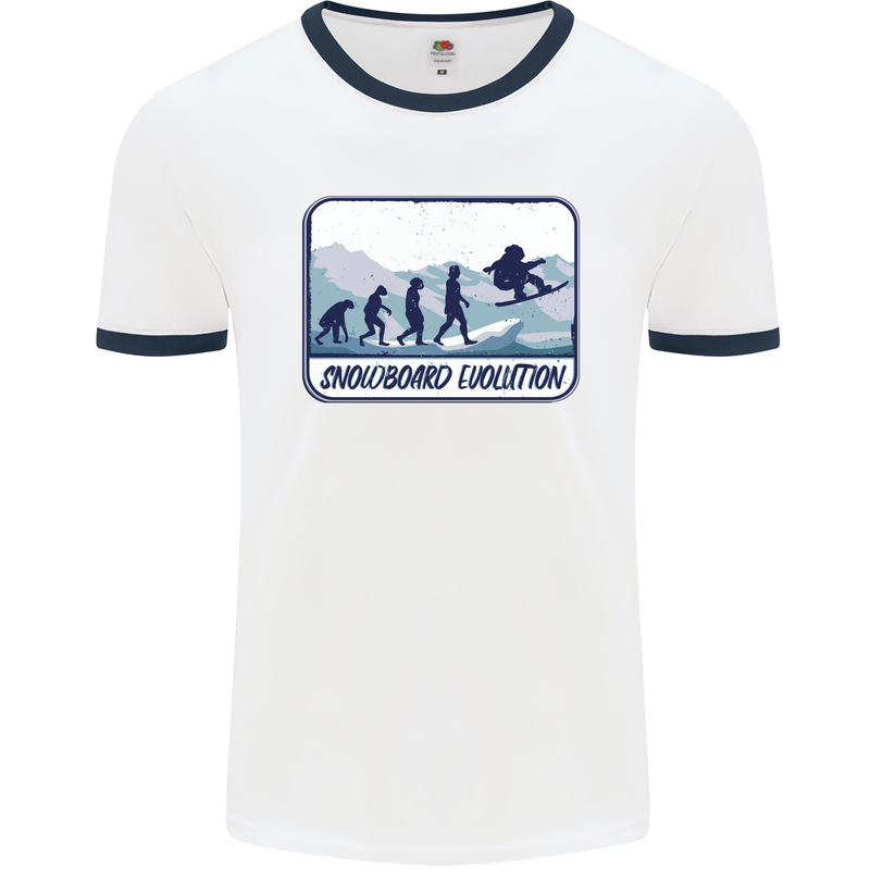 Snowboarding Evolution Funny Snowboarder Mens White Ringer T-Shirt White/Navy Blue