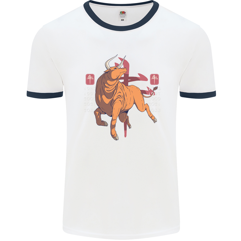 Chinese Zodiac Shengxiao Year of the Ox Mens White Ringer T-Shirt White/Navy Blue